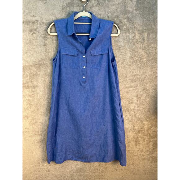 J McLaughlin Aberdeen Linen Dress Small Blue Beachy Coastal Quiet Luxury Flaw - Picture 1 of 7